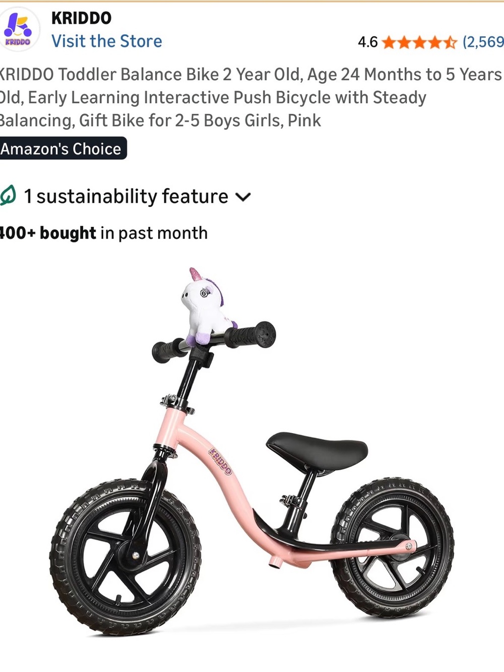 Pink Toddler Balance Bike – Lightweight Push Bicycle for Kids